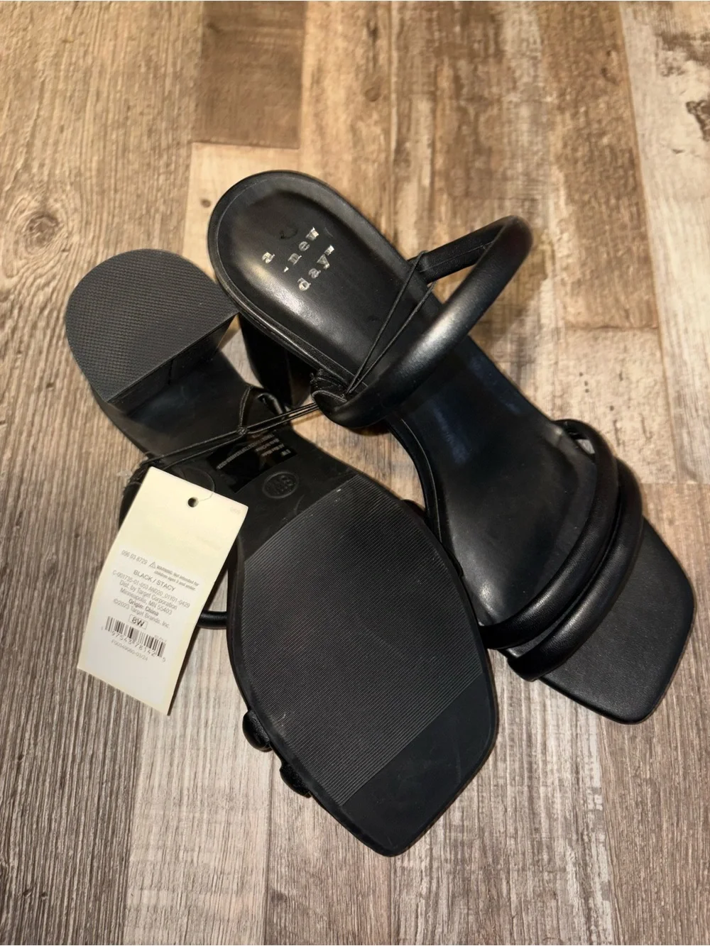 A New Day Black Triple-Strap Square-Toe Heeled Sandals